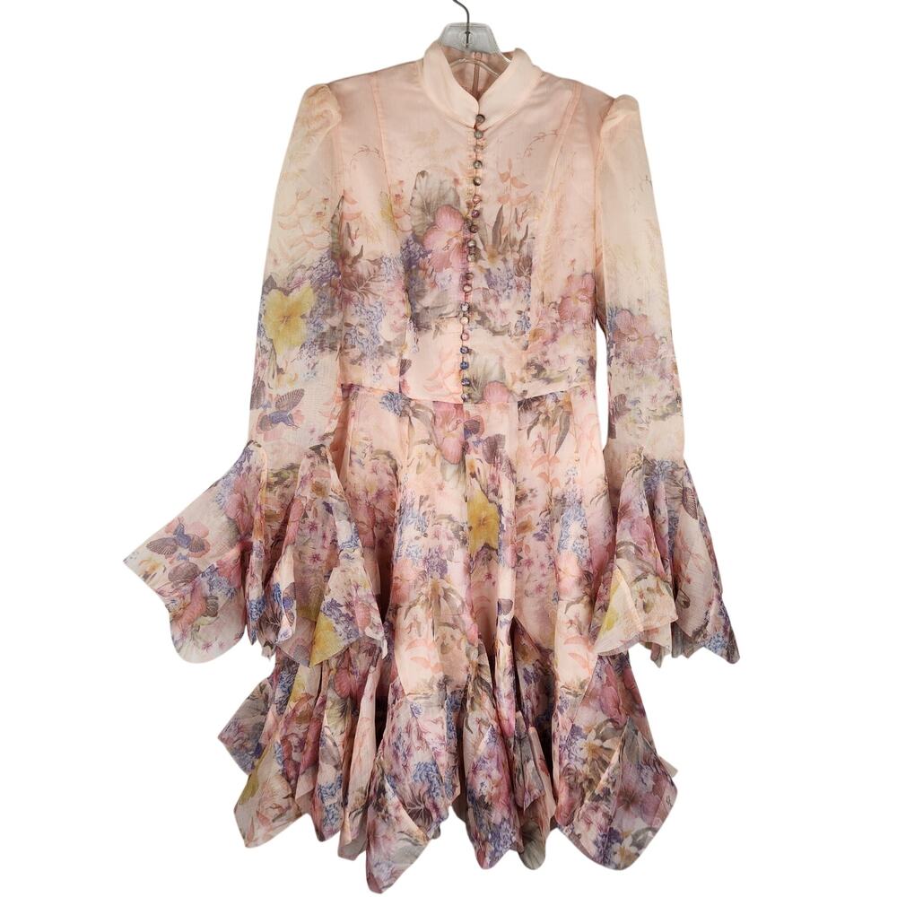 Sunfere Lana Pink Flared Floral Bell Sleeves Mini Chiffon Dress Medium Wedding